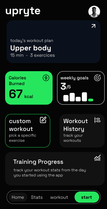 Upryte Android AI workout tracker showing a goal-based weekly exercise plan