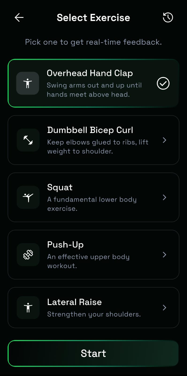 Exercise selection screen with various workout options